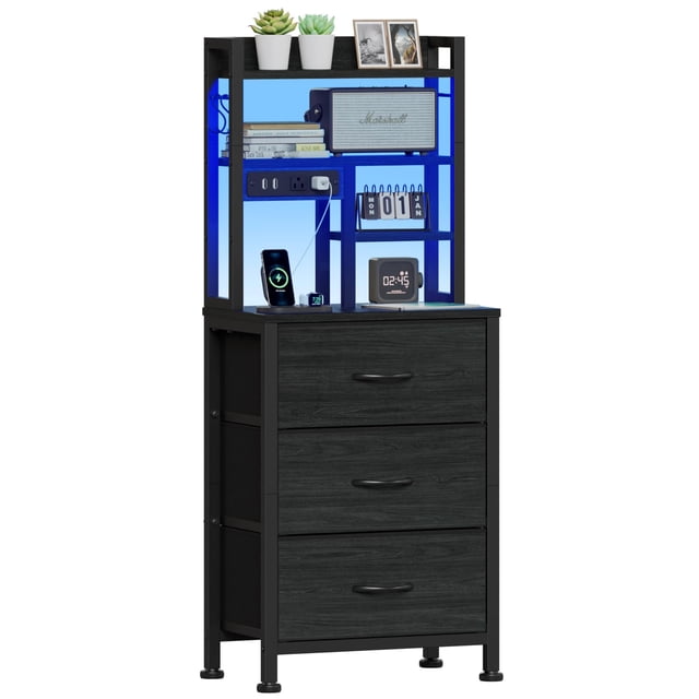Mesa de noche alta Furnulem de 115 cm con 3 cajones y puertos USB con LED