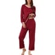 thumbnail image 2 of Conjunto de pijama para mujer INSPIRE CHIC, camiseta de manga larga y pantalones largos con bolsillo, ropa de descanso de 2 piezas, 2XL color rojo vino, 2 of 6