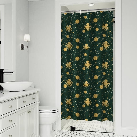 Green Octopus Planet Star Pattern Shower Curtain 36"x72" ,Bathroom Decorative Shower Curtains Set with 12 Hooks,Modern Waterproof Washable Shower Curtain