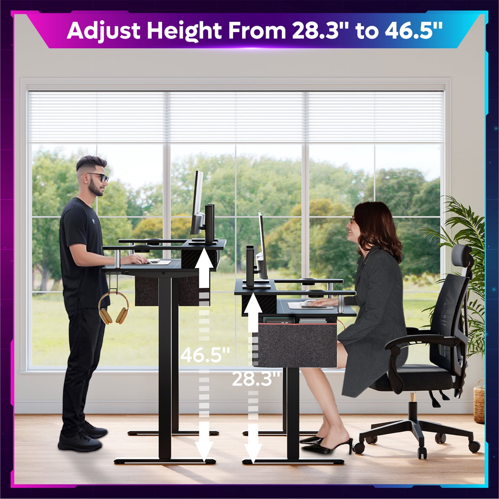 Bestier 58"x27" Gaming Electric Height Adjustable Standing Desk Stand up Desk with Monitor Shelf & LED Lights in Carbon Fiber