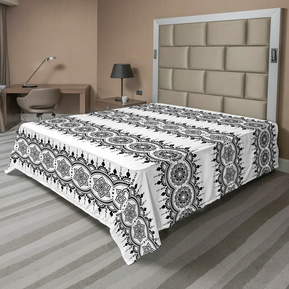 Ambesonne Oriental Flat Sheet, Monochrome Mandala Tattoo, Full Size, White Black