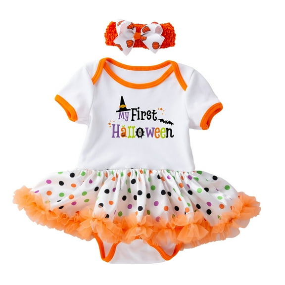 Coerni My First Halloween New Born Baby Girls Short Sleeved Tutu Romper Dress Headband Cartoon Letter Mesh Dresses Outfit
