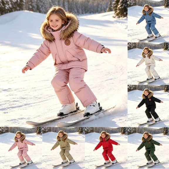 Kids 2 Piece Winter Snow Suit Warm Hooded Ski Jacket with Plush Trim and Waterproof Bib Snow Pants Set for Boys and Girls