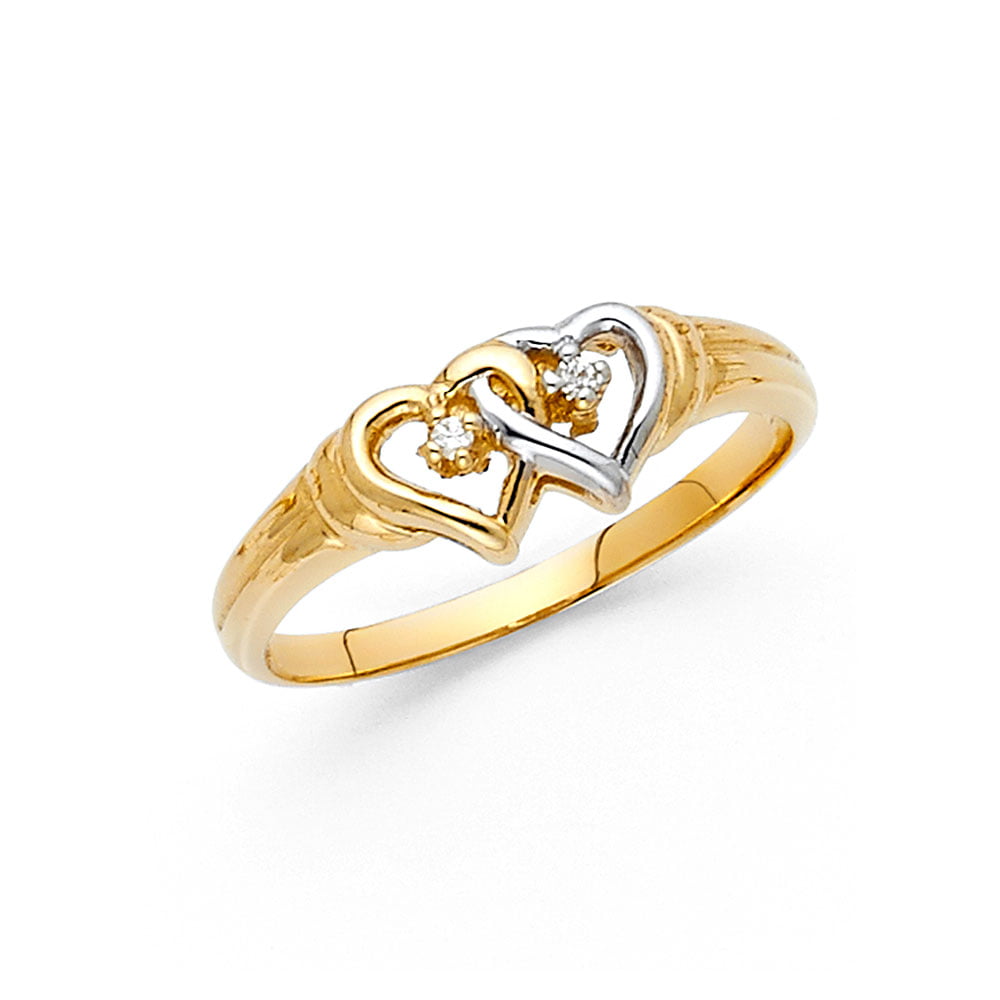 14k Two Tone Gold Heart In Heart Side CZ Ring