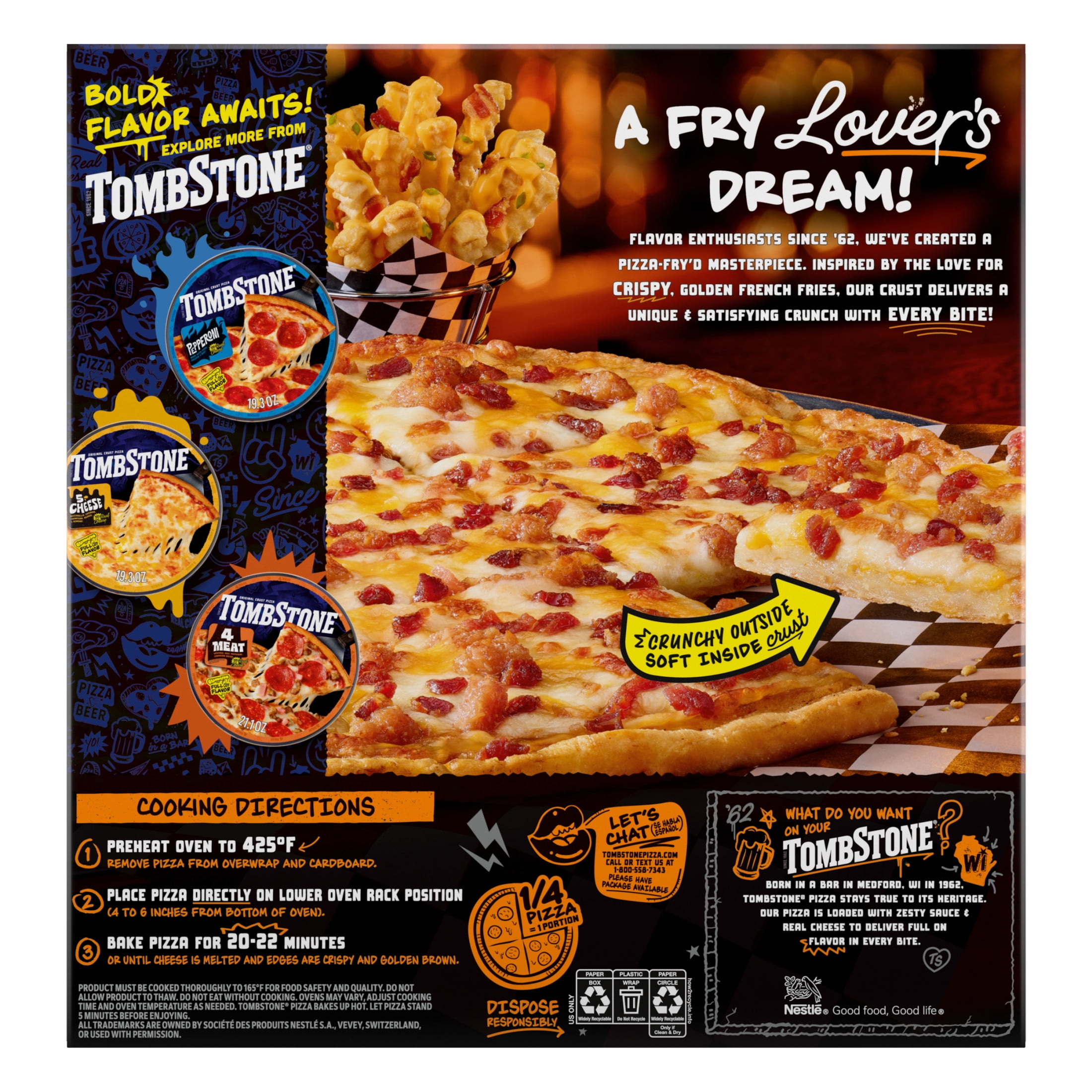 Tombstone French Fry Style Crust, Loaded Bacon Cheddar Cheese, Gluten Free Frozen Pizza, 18.1 oz (Frozen)