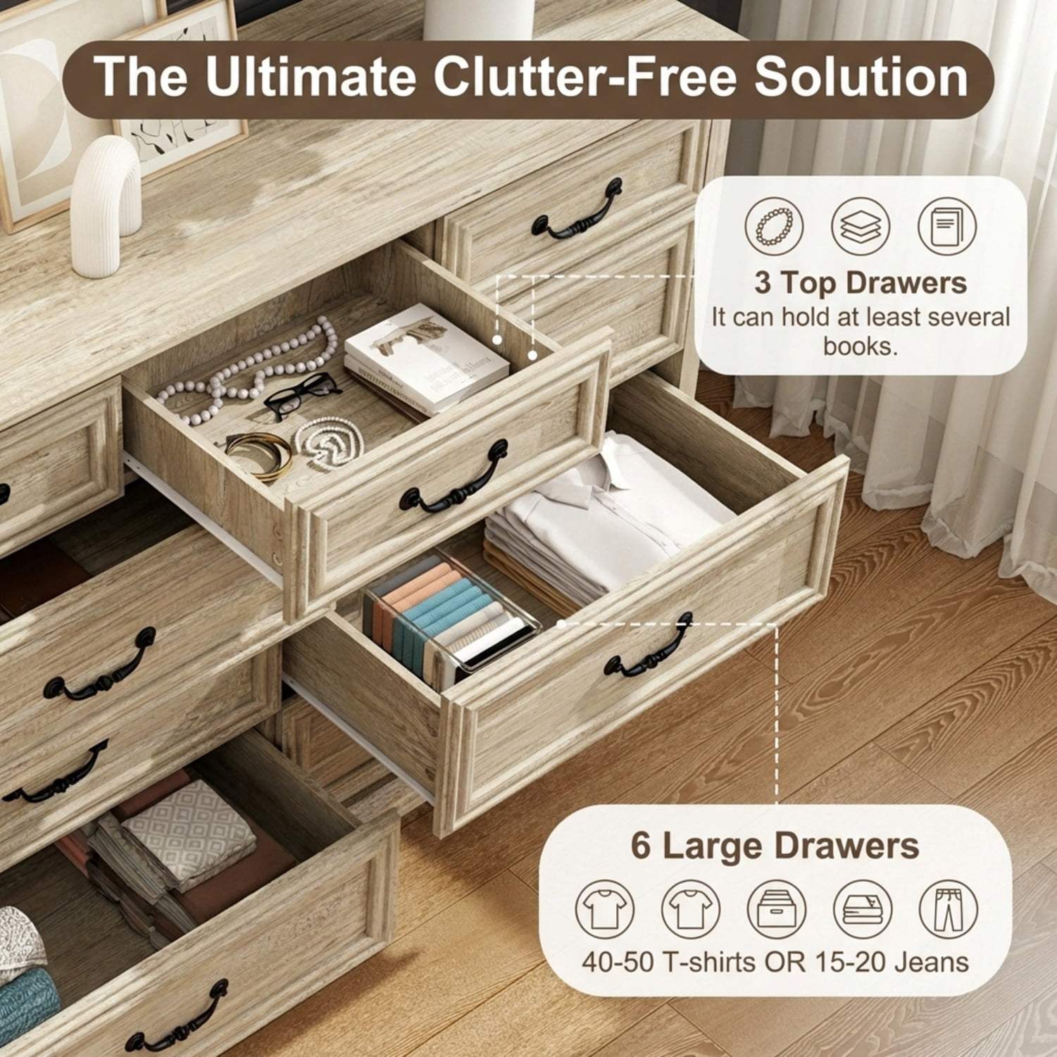 Farmhouse 9-Drawer Dresser, Rustic Wood Chest of Drawers with Large Storage, Natural Oak