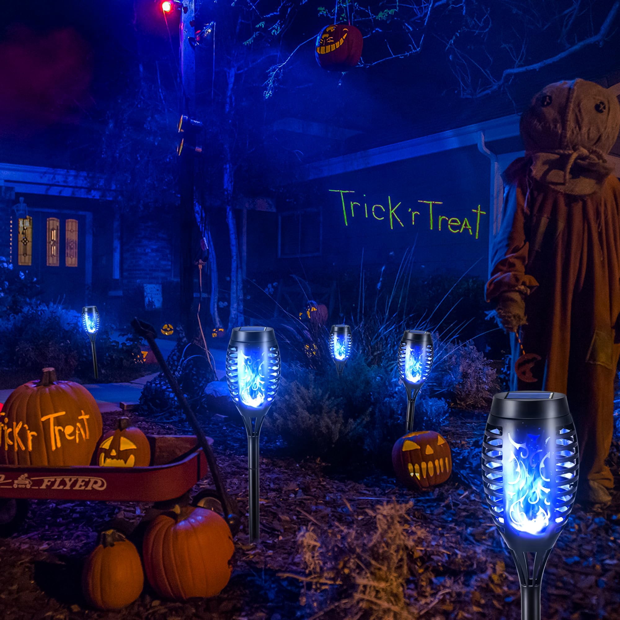 Toodour Solar Halloween Lights Outdoor, 12 Pack LED Solar Torch Lights with Flickering Flame, Waterproof Halloween Decorations for Patio Garden Yard Pathway Landscape, Blue