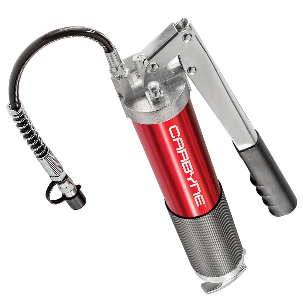 Carbyne Grease Gun, Lever Handle, Anodized Aluminum Barrel, 3-Way Loading, 12 in. Flex Hose, 6 in. Rigid Extension, Coupler, for Zerk Fittings