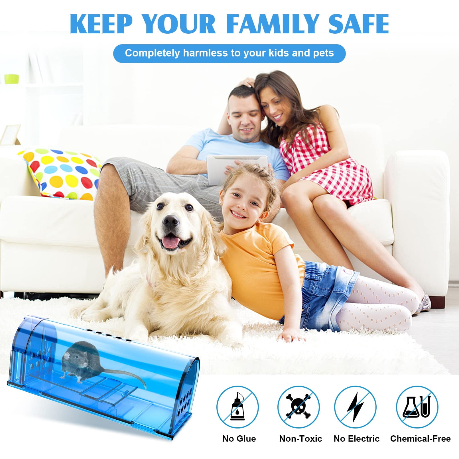 6 Pack Humane Mouse Traps No  Catch And Release Live Indoor For Home Reusable Mice Cage With Cleaning Brush(blue)