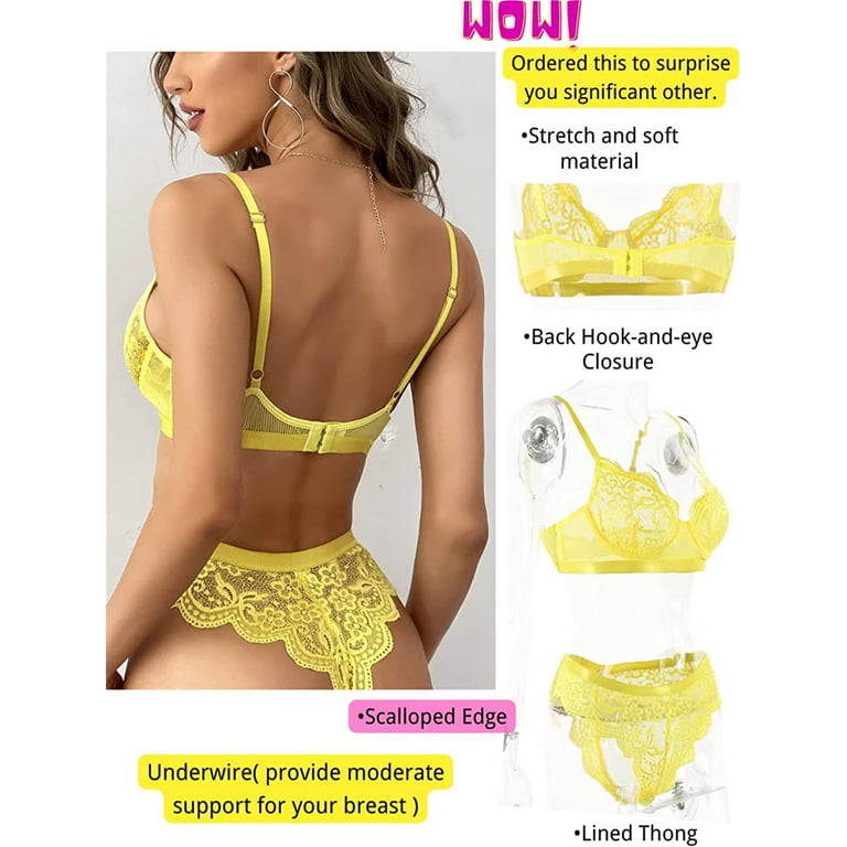 popiv Sexy Lace Lingerie for Women,Two Piece Lace Lingerie Set,Underwire  Bra and Panty Set Valentine, Yellow,S-L