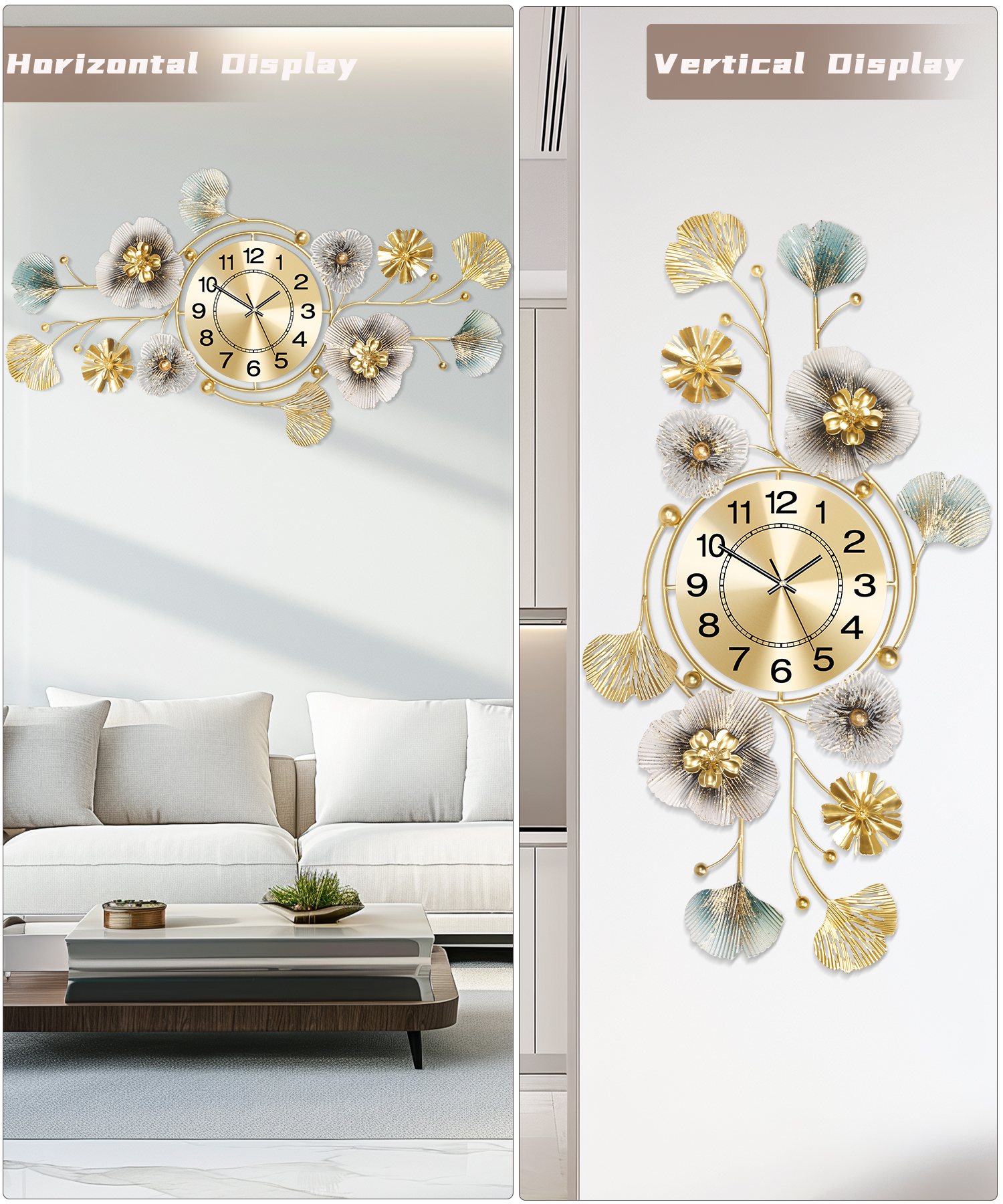 Wall Clock,Large Wall Clock,Silent Wall Clocks Battery Operated, Metal Ginkgo Leaf Design, Can Be Suspended Vertically or Horizontally,for Living Room, Entryway, Office or Bedroom Decor(33''x14'')