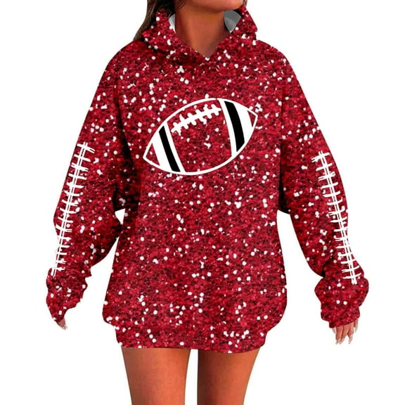 Arlun Game Day Womens Sequin Hoodies Sweatshirts Preppy Funny Rugby Graphic Long Sleeve Loose Fit Hooded Tops Oversized Fall Winter Pullovers Red XL