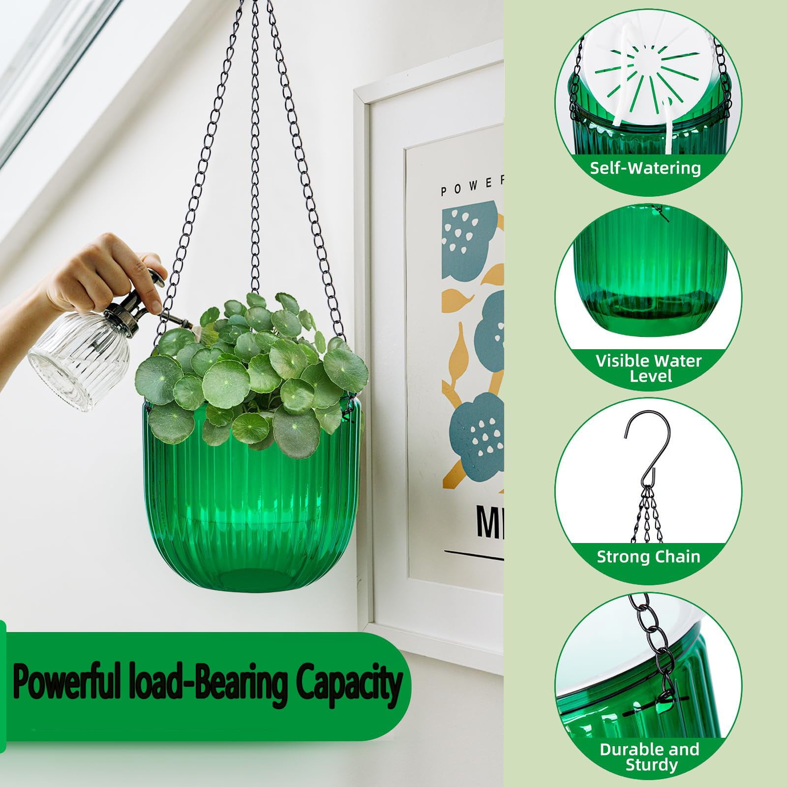Trianu 3 Pcs Self Watering Hanging Planter 4.5inch Indoor Plant Hanging Pots Drainage Holes, Outdoor Small Hanging Planters Flower Pot Basket, Plant Hanger Home Decor, Gardening (Green)