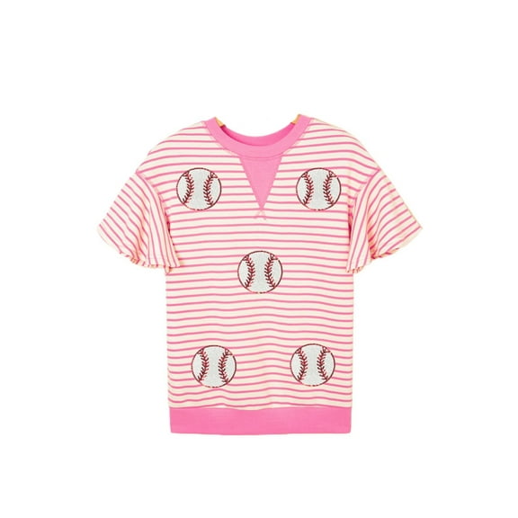 Women's Sachet Pink Sequin Baseball Graphic Tee with Striped Ruffle Sleeves | [ZhiHiMeRi] | (US 12-14)L