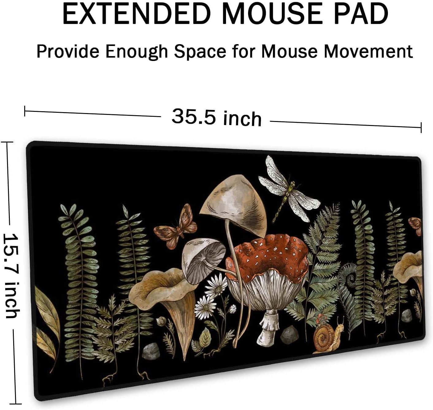 Cute Witch Magic Mushroom Forager Fern Desk Mat, Boho Extended Mouse Pad, Extra Large Gaming Desk Pad Non-Slip Water-Resistant Rubber Base Computer Keyboard Mouse Mat, 35.5 x 15.7-inch