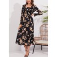 thumbnail image 2 of Scoop Neck Shirred Floral Print Dress for Women Mid-Calf Length Black Small, 2 of 4