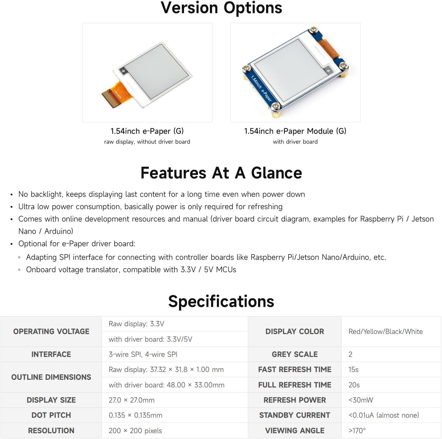 1.54inch e-Paper Display (G), Compatible with 5/4B/3B/Zero/Pico, Supports Jetson Nano/TX2/Xavier NX/Orin, 200x200, Red/Yellow/Black/White, SPI Interface, with Driver Board