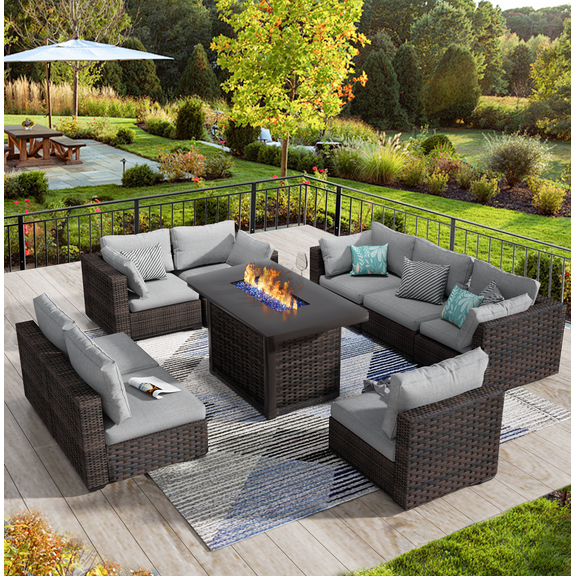 Gaildon 9 Piece Patio Furniture Set with Fire Pit Table, All Weather Outdoor Sectional PE Rattan, Patio Conversation Sets with Cushions and Glass Coffee Table for Garden Lawn Balcony Porch Deck