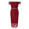 thumbnail image 4 of Yindaity Women's Elegant Floral Lace Fixed V Neck Fluttering Short Sleeves Knee Length Dress Red,L, 4 of 5