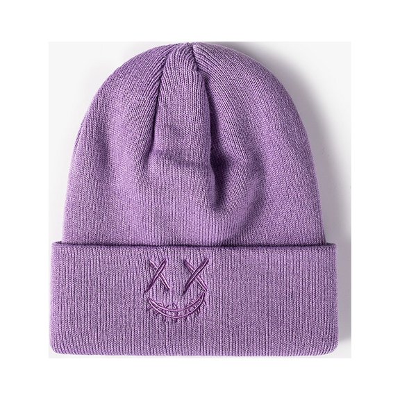 Hats for Women/Men Embroidered Cartoon Funny Smiling Face Knitted Hat Women's Autumn And Winter Outdoor Warm Cold Hat Cross-border Fashion Wool Hat Purple