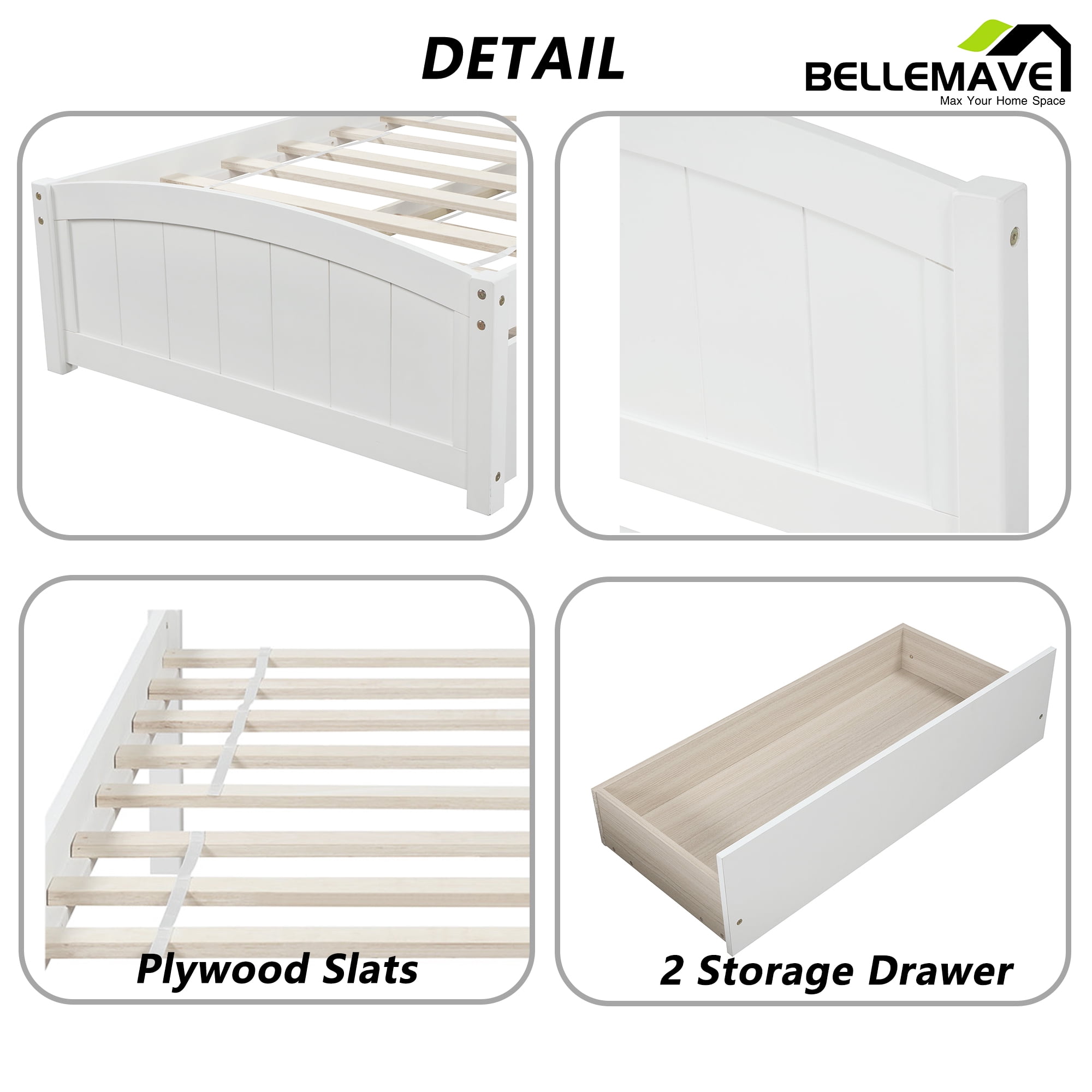 Bellemave Twin Platform Bed with Storage Drawer, White