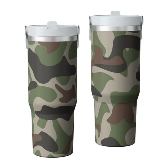 Camouflage 30oz Handheld Travel Tumbler with Handle – Double Wall Stainless Steel Insulated Cup, Flip Straw Lid, Leak-Proof & BPA-Free for Hot and Cold Drinks – Durable Coffee & Juice Mug White