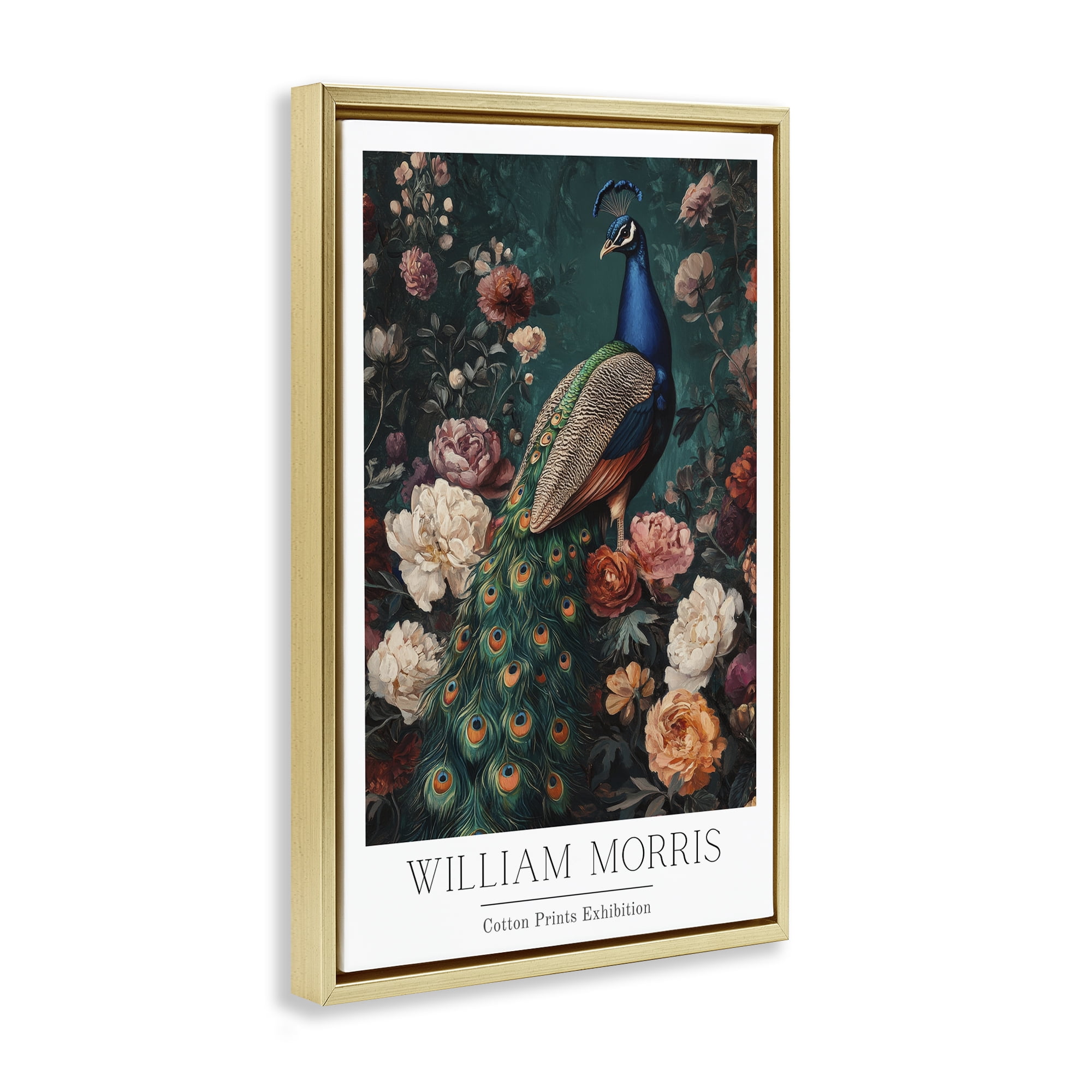 Stupell Industries Vintage Floral Peacock William Morris Gold Framed Floater Canvas Wall Art, design by Petal Prints Design