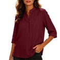 thumbnail image 2 of Babysbule Women Mandarin Collar Henley Blouse Flare 3/4 Sleeve Loose Fit Casual Top for Summer Office Brunch Daily Outfits, 2 of 9