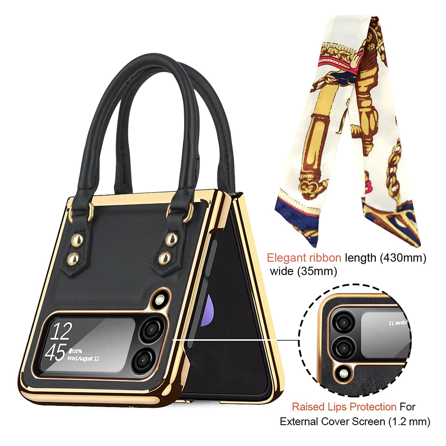 Elegant classic leather folding phone case for Samsung Galaxy Z Flip 4 with silk scarf portable hand holder plating back cover
