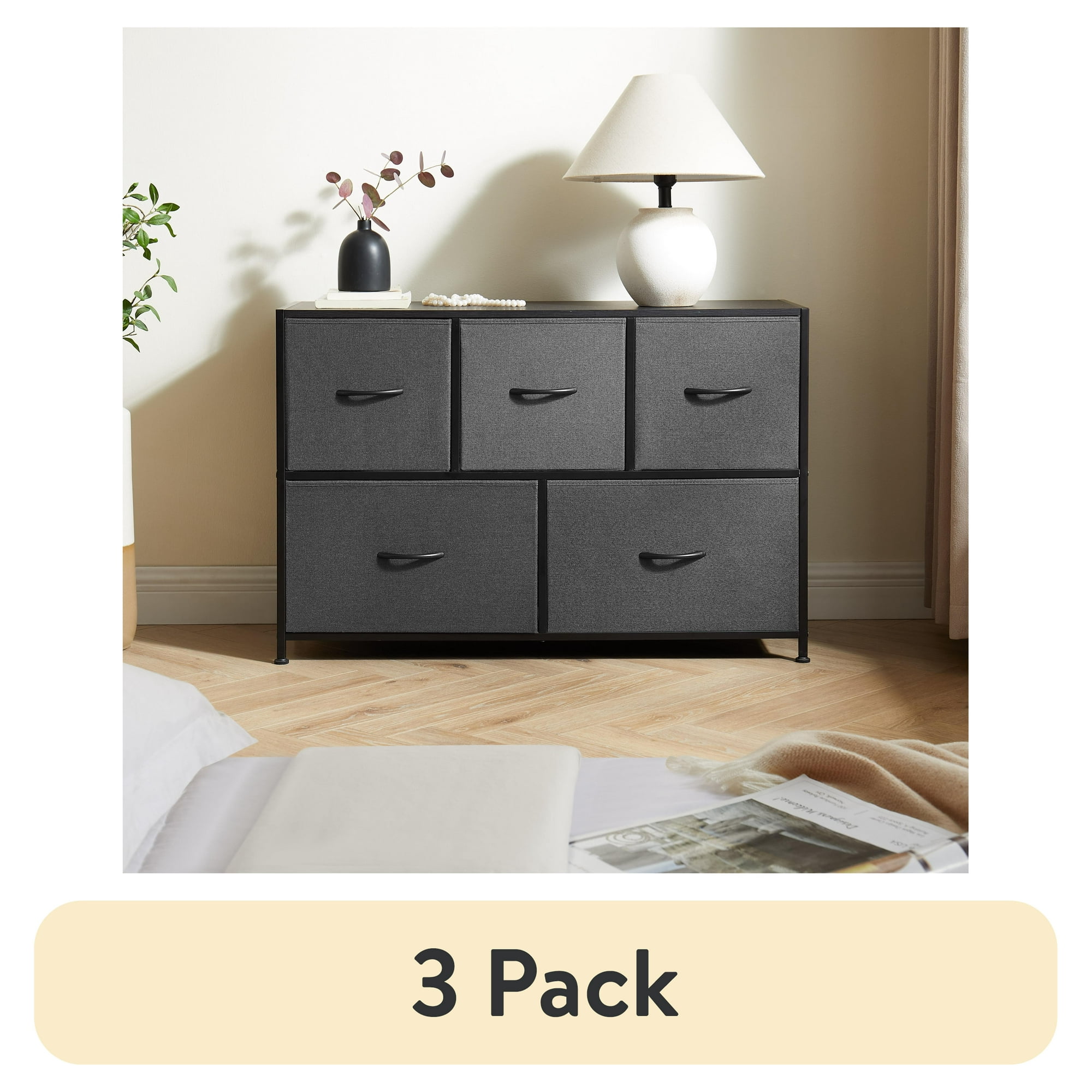 (3 pack) Mainstays 5-Drawer 40 in Wide Fabric Storage Dresser for Bedroom, Grey