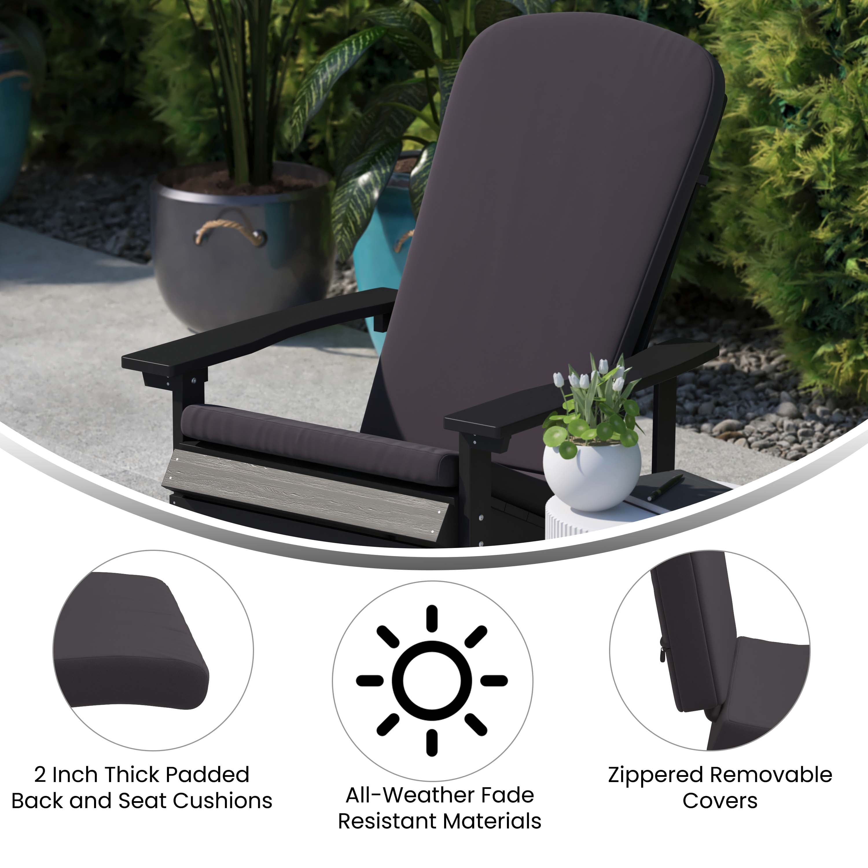 Flash Furniture Charlestown Set of 2 All Weather Poly Resin Indoor Outdoor Folding Adirondack Chairs in Black with Gray Cushions for Deck Porch and