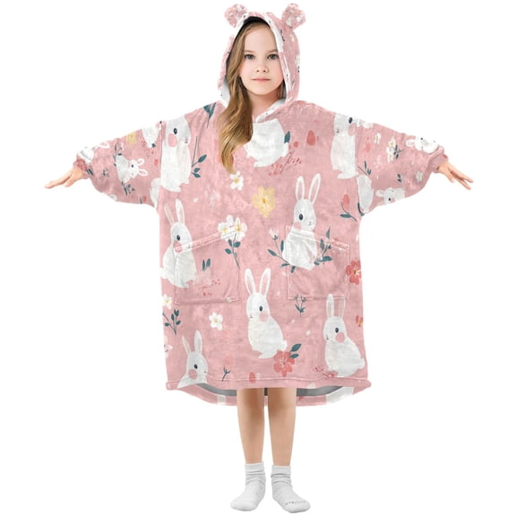 Wearable Blanket with Sleeves and Pocket Oversized Hooded Sweatshirt 3-14 YR Easter Bunnies and Flowers S