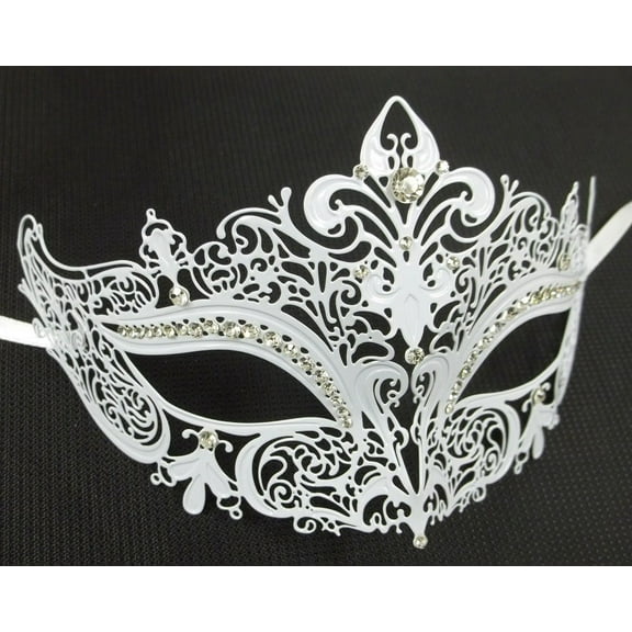 White Crystal Crown Laser Cut Venetian Mask Masquerade Metal Filigree