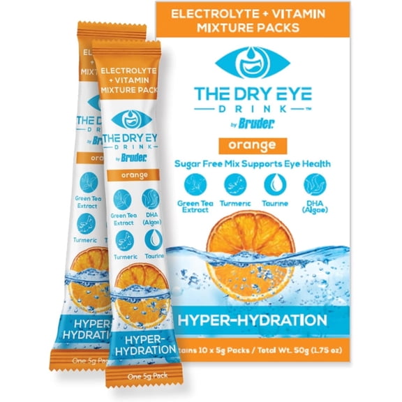 The Dry Eye Drink l Ultimate Hydration for Dry Eyes l Sugar-Free Electrolyte Powder Packets l Blended with Vitamins, Green Tea, Turmeric, Taurine, and DHA l 5g x 10 Packets (Orange)