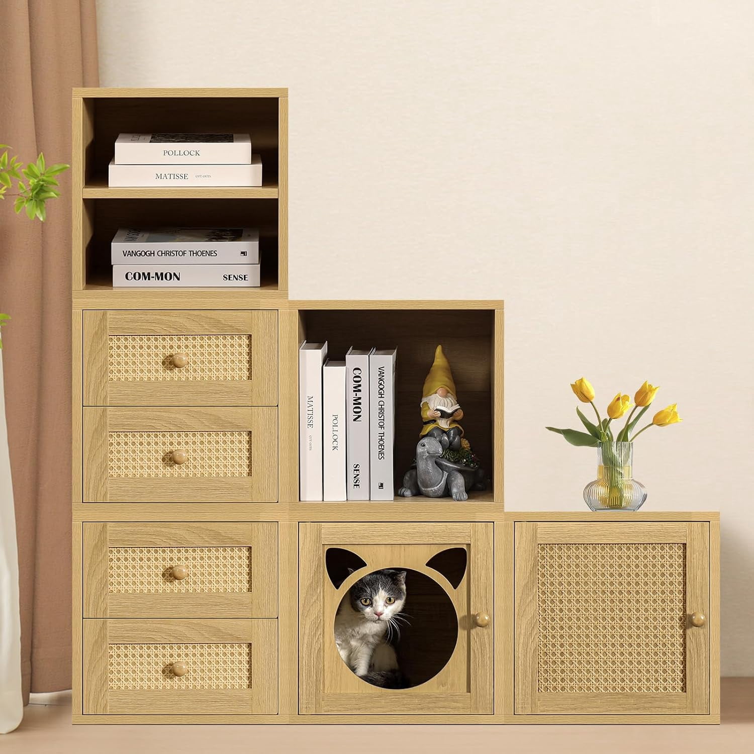 Magic DIY Cube Storage Organizer Stackable Cubes for Home Books Clothes Toys -Modular Cubby Storage System -Closet Organizer -Bookcase Closet (Yellow Oak,Rattan Drawer Cube)