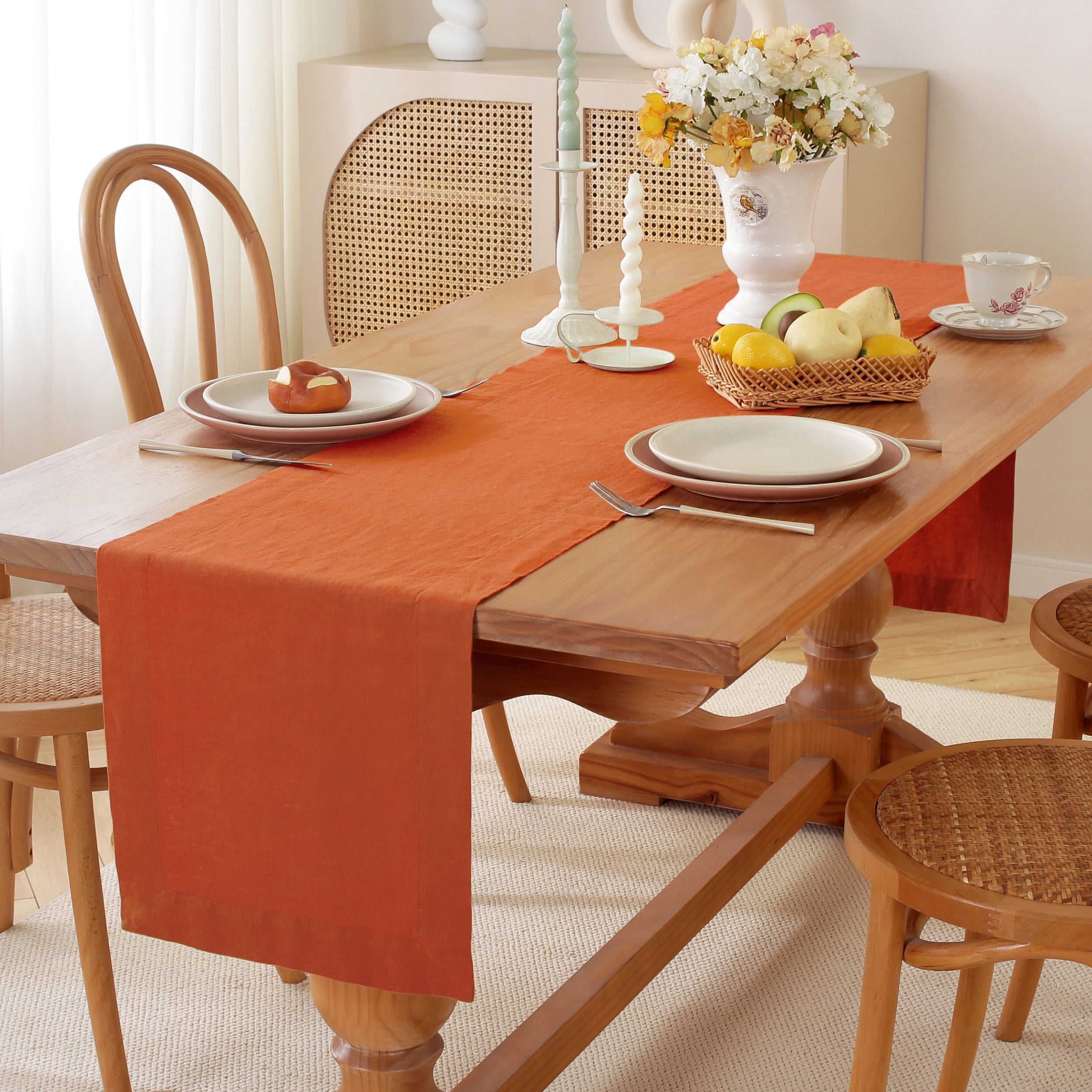 100% Pure Linen Natural Table Runner - 14x120 Inch French Linen Table Decor for Dining, Holidays, Christmas, and Weddings - Caramel