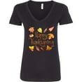 thumbnail image 3 of Inktastic Happy Thanksgiving Fall Leaves in Autumn Colors Women's V-Neck T-Shirt, 3 of 5