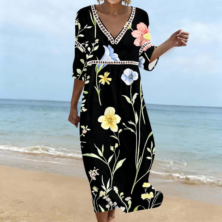 cutout boho dress BangWanChi Floral Print Women Summer Midi Dress, Decor V-Neck 3/4 Sleeve Relaxed Fit Flowy Casual For Beach Travel Black XXXL Amsale Womens Surplice Draped 9/18/2025 Waist Size:32 catching look Lightweight fabric