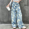 thumbnail image 7 of TOWED22 Girl's Floral Baggy Wide Leg Jeans Y2K Zipper Fly Washed Denim Pants with Pockets,Navy,9-10 Y, 7 of 7