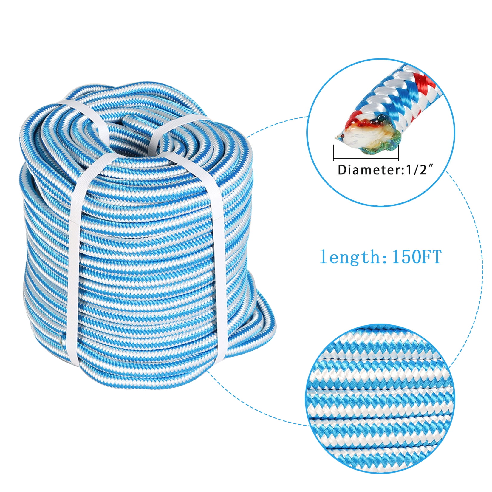 1/2" x 150' Arborist tree climbing rope 16 strand braided Polyester Blend Blue & White