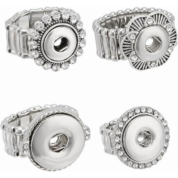1set 4pcs 4 styles Rhinestone Interchangeable Snap Stretch Ring Settings Alloy Ring Accessories Findings Inner Diameter: 19~21mm 1pc/style