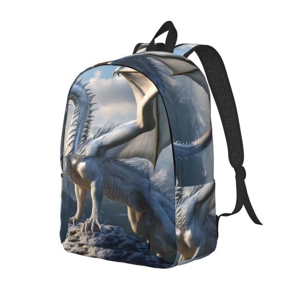 Disketp Mountain White Dragon print Canvas Backpack Lightweight Travel Daypack Student Rucksack Laptop Backpack-Medium