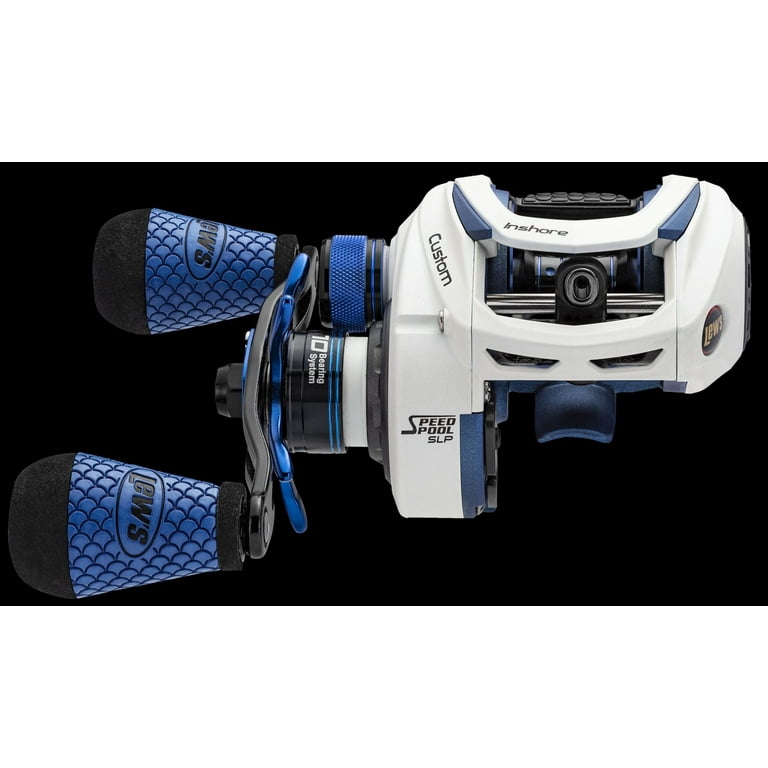 Lew's Custom Inshore SLP Baitcast Fishing Reel, Right-Hand Retrieve, 7.5:1  Gear Ratio, 10 Bearing System with Stainless Steel Double Shielded Ball  Bearings, White/Blue 