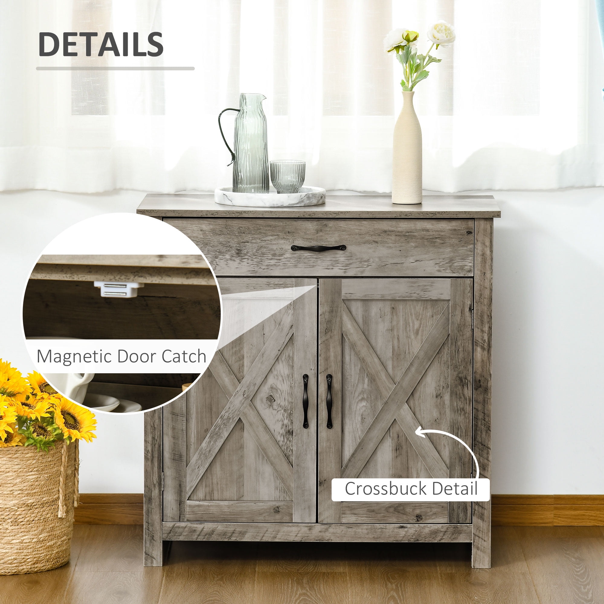 HOQBN Farmhouse Sideboard Buffet Cabinet, Barn Door Coffee Bar Cabinet with Drawer and Adjustable Shelf for Kitchen, Living Room, Entryway, Gray
