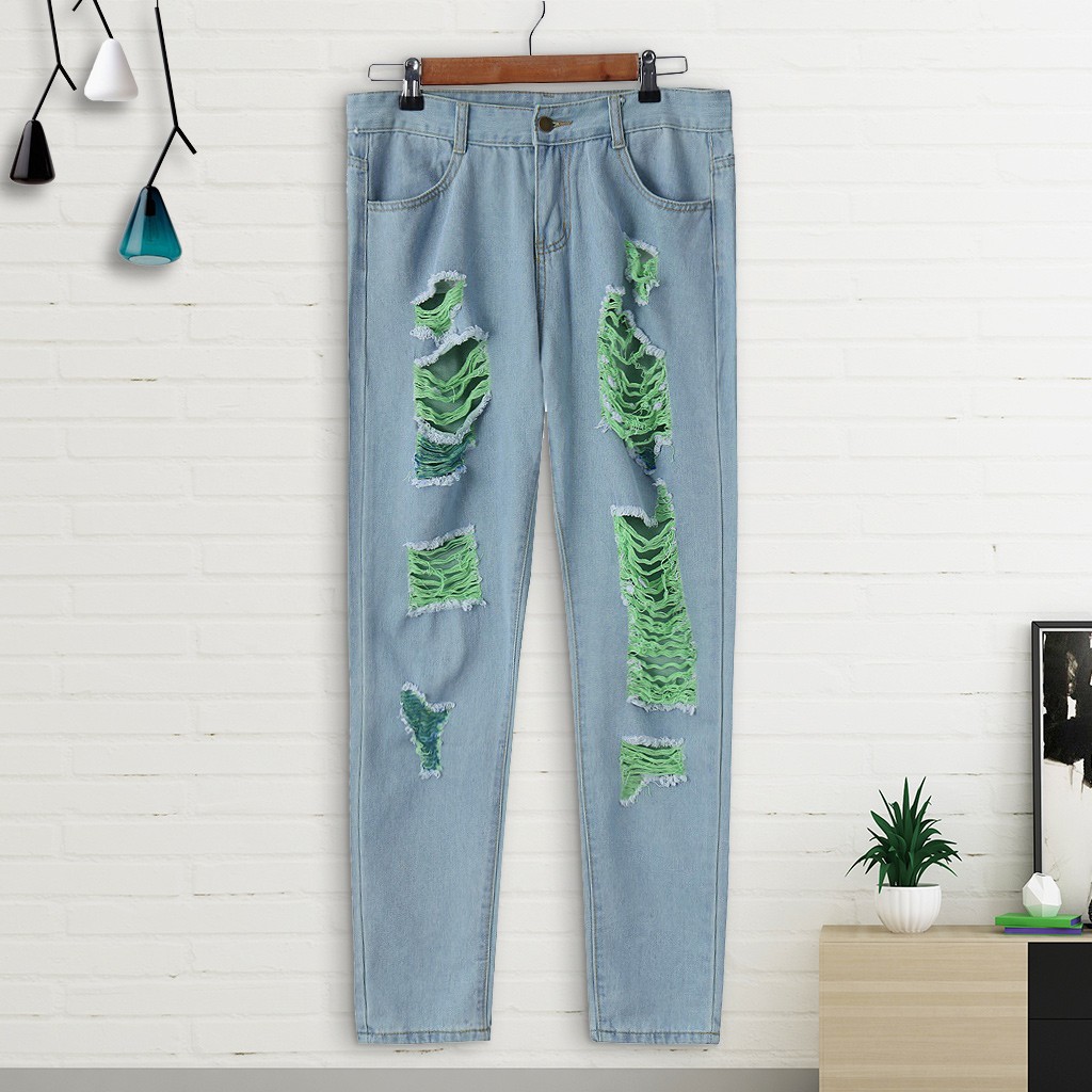 Spftem Women High Waist Straight Jeans Pant Holes Denim Jeans Ripped Casual Jeans - image 3 of 7