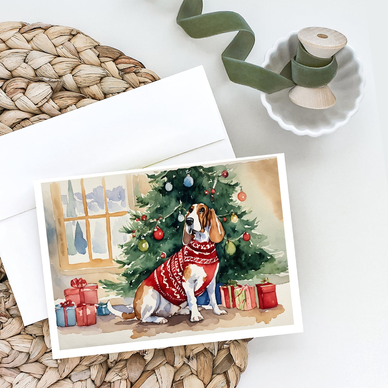 Basset Hound Christmas Greeting Cards and Envelopes Pack of 8 7 in x 5 in