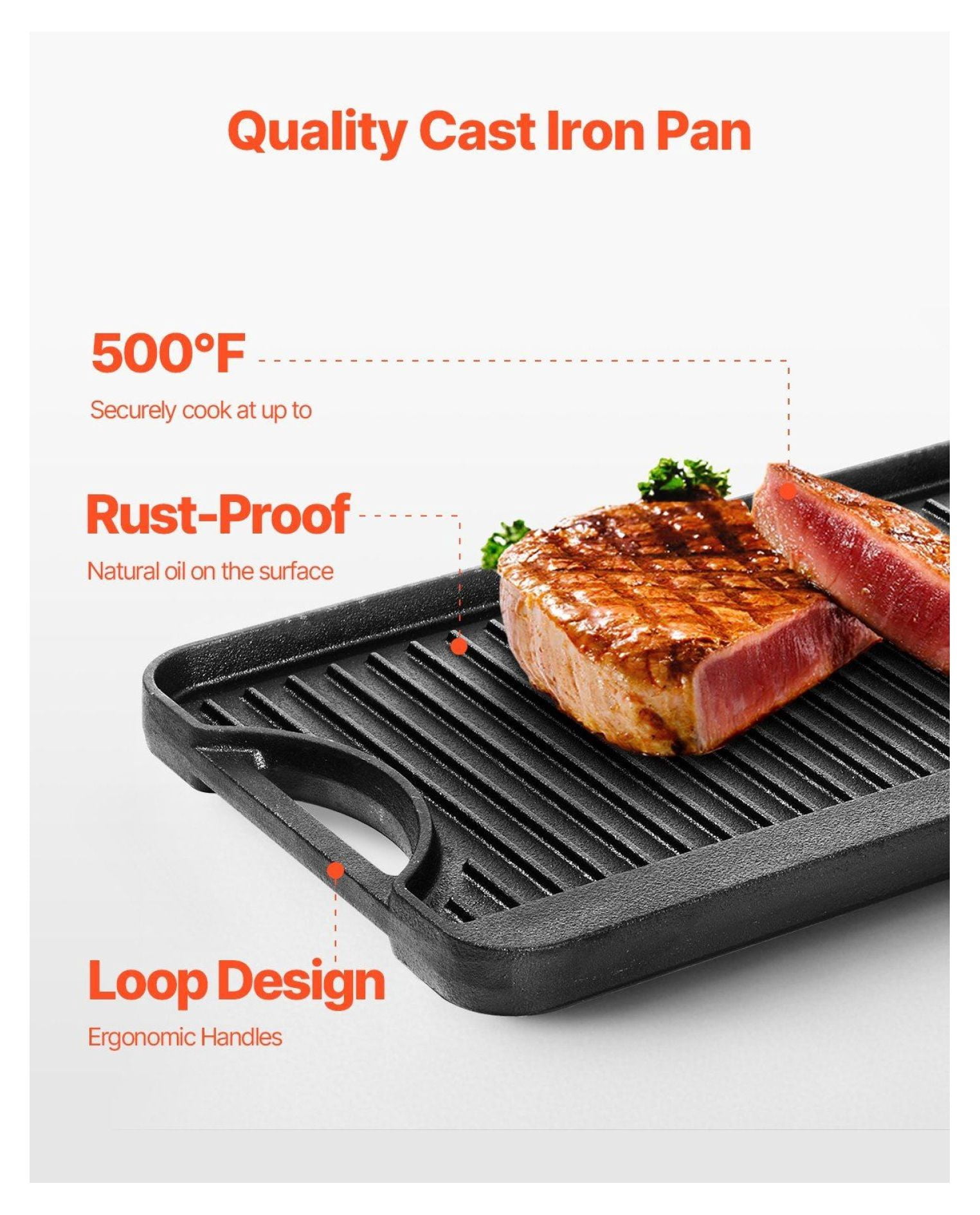 Cast Iron Griddle & Grill Pan - 20x10 Inch Pre-Seasoned Reversible Cookware for Stovetop, Gas, Camping - Indoor Outdoor BBQ Family Size Black