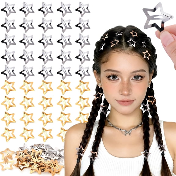 TUWAFE 50 Pcs Gold Silver Star Hair Clips,1.18 Inch Y2K Accessories Snap Hair Clips,Non-Slip Small Star Barrettes Metal Accessories for Girls Women,Mini Fashion Cool Ornament Set for Rave Decor