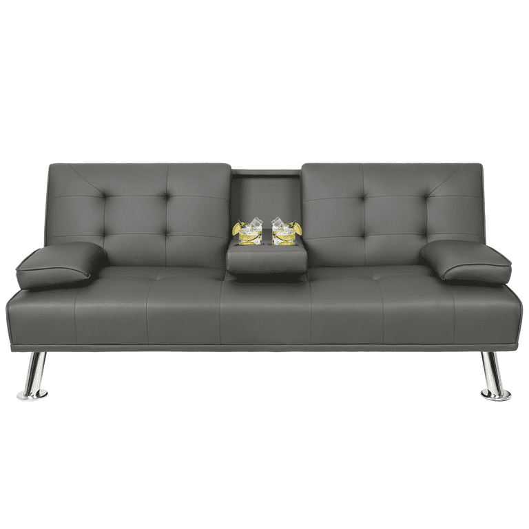 Lacoo Modern Faux Leather Convertible Futon with Cup Holders Pillows Grey