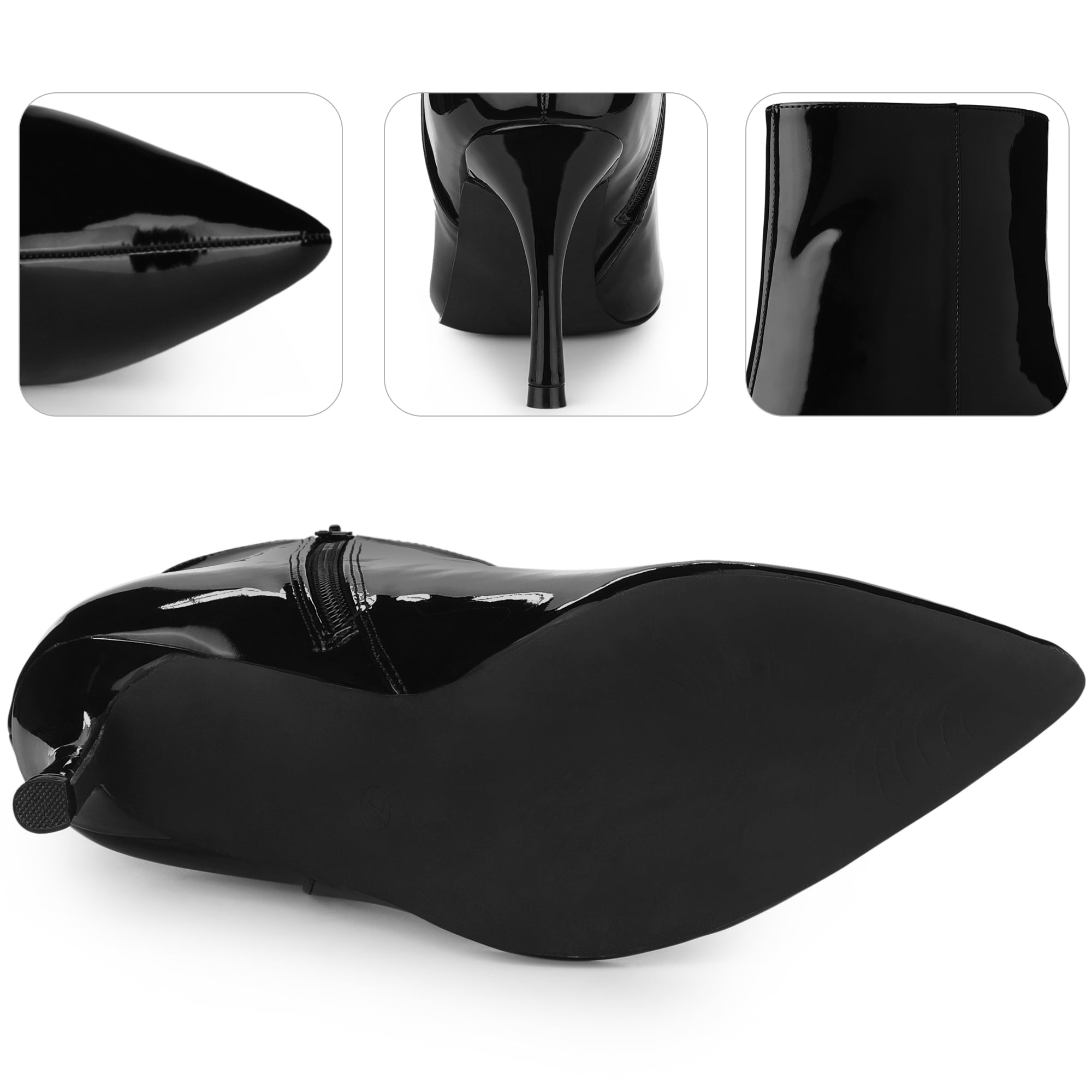 Unique Bargains Mirror Leather Pointy Toe Zipper Stiletto Heels Ankle Boots for Women Black 8